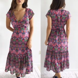 VANESSA Virginia Anthropologie Mural Maxi Floral Flowy Tie Back Dress Pink 6